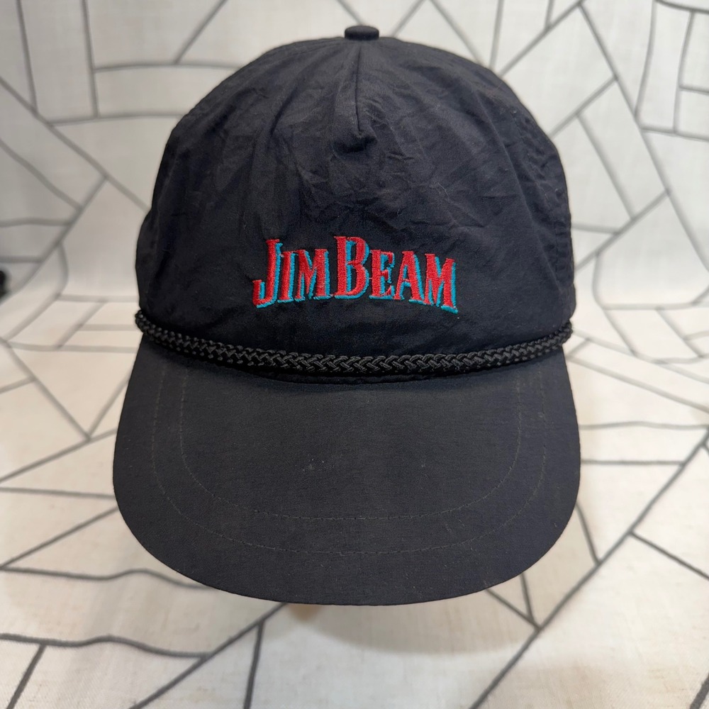Jim Beam Snapback Hat OSFA Black Vintage Rope Detail Nylon‎ Cap